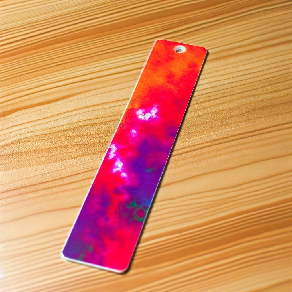 Close-up of a vibrant, finished sublimation bookmark on a table